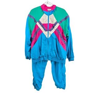 Vintage 1993 Color Block Nylon Windbreaker Jacket Pants Set Size MD Aztec Retro